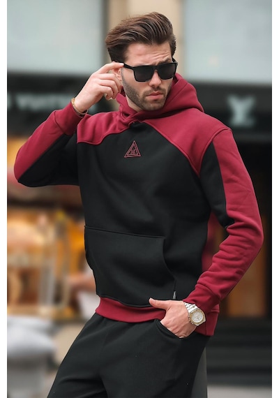Madmext Bordo Kapüşonlu Cep Detaylı Nakışlı Sweatshirt E7085 Bordo