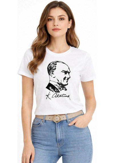 Wear Vexel Kadın Atatürk Baskılı Tişört Kısa Kollu Bisiklet Yaka T-shirt - Beyaz Beyaz