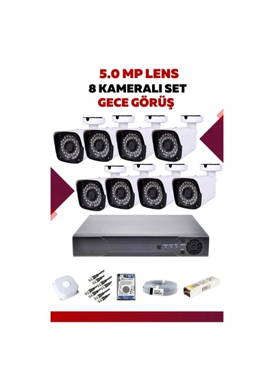 8 Kameralı Set - 5mp Sony Lensli Full Hd Gece Görüşlü Güvenlik Kamerası Sistemi - Mm9qkvksxx