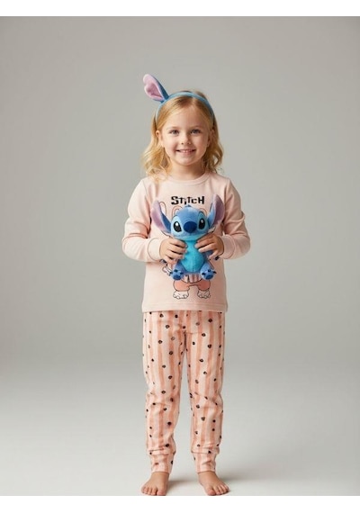Kız Çocuk Pamuklu Karakter Baskılı Pijama Takımı-16827 Pudra