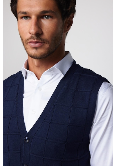 Tudors Slim Fit Kare Desenli Lacivert Erkek Yelek-29708 Lacivert