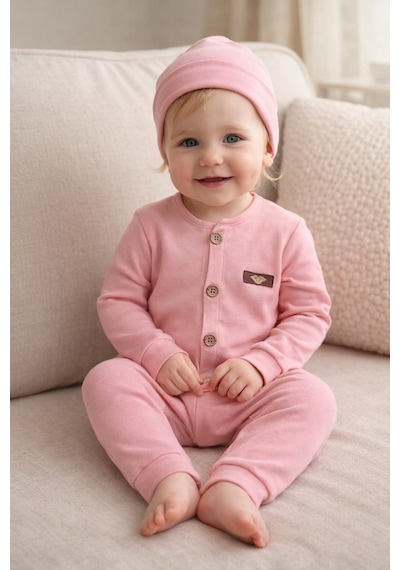Babyhola Kız Erkek Bebek Tulum Bere Takım Pamuk Önden Düğmeli İnterlok 23630 Pembe