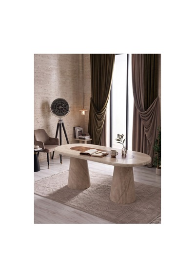 Aura Bohem Çift Renk Mebran Mdf 90x180 Masa Traverten/ahşap Traverten/ahşap