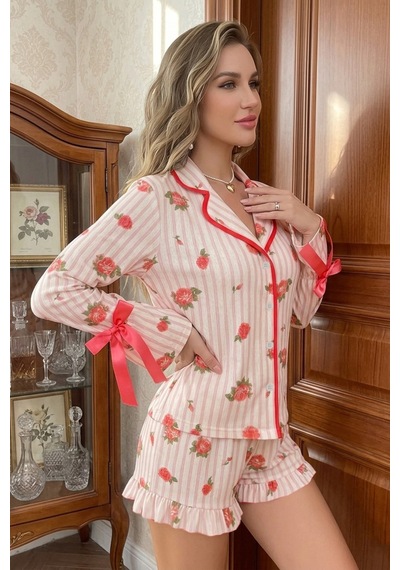 Bella Notte Pembe Romantik Gül Desenli Fiyonk Detaylı Şortlu Pijama Takımı