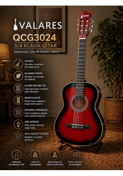 Valares Qcg3024 Kırmızı Klasik Gitar 3/4 Başlangıç & Orta Seviye Yumuşak Tını.kılıf Pena Hediye