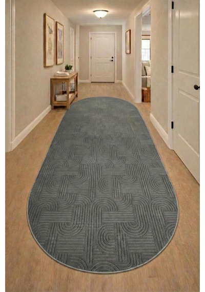 Raschel Carpet Bohem Oval Koyu Gri Emboss Premium Seri Yeni Nesil Kaymaz Taban Jel Taban Halı Yolluk Antre Hol Koyu Gri