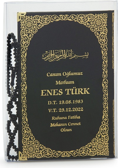 50 Adet İsim Baskılı Kutulu Tesbihli Orta Boy Deri Ciltli Yasin Kitabı Mevlüt Hediyesi Siyah