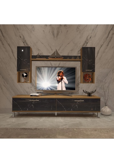 Decoraktiv Eko 5da Mdf Std Krom Ayaklı Tv Ünitesi Tv Sehpası Pera - Siyah Mermer