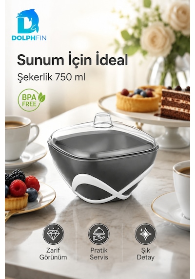 Dolpfin 750 Ml Kapaklı Şekerlik Siyah Beyaz Masaüstü Toz Ve Küp Şeker Kabı Bpa İçermez Mor