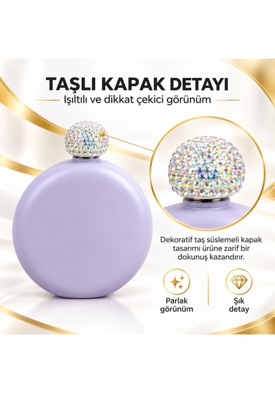 Lüks Taş İşlemeli Renkli Paslanmaz Çelik İçki Matarası 5 Oz 150 Ml. Cep Çanta Kamp Outdoor Hediyelik Lila