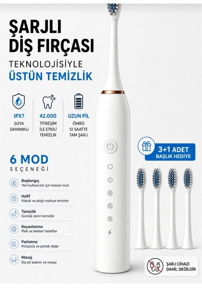 Şarjlı Elektrikli Diş Fırçası Ipx7 Su Geçirmez 42.000 Titreşim 6 Mod Sonic 3 + 1 Başlık