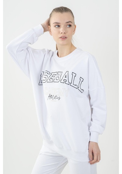 Maraton Sportswear Oversize Kadın Bisiklet Yaka Uzun Kol Basic Beyaz Sweatshirt 22185-beyaz Beyaz