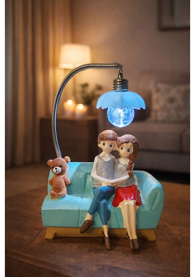 Romantik Çift Figürlü Işıklı Biblo Genç & Yatak Odası Dekoru - Sevgiliye Hediye, 18 Cm Mavi