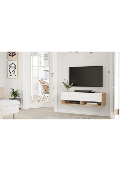 Aven Tv Ünitesi Tv Sehpası Raflı Kapaklı 100cm Çam-beyaz Ave13-aw Beyaz