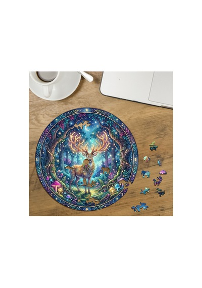 Mistik Orman - Görkemli Geyik Tasarımlı Özel Kesim Yuvarlak 272 Parça Ahşap Puzzle Mpda852