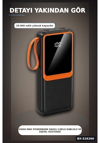20000 Mah Powerbank Dahili Çoklu Kablolu Ve Dijital Göstergeli Taşınabilir Şarj Cihazı Bx-316260 Çok Renkli