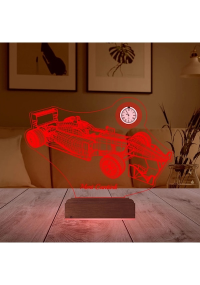 Luvivia Formula 1 F1 Yarış Arabası Kişiye Özel Metal Saatli 3d Lamba - Masa Gece Lambası Şeffaf