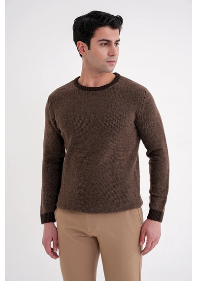 Slim Fit Renkli Ribanalı Kahverengi Vizon Yünlü Bisiklet Yaka Triko Kazak Tr 890 Kahverengi-vizon