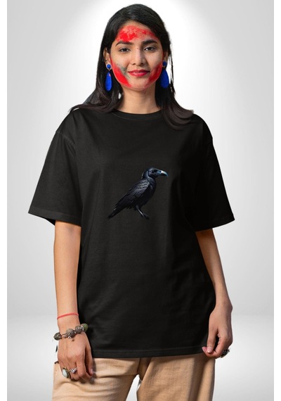 Siyah Karga Pamuklu Bisiklet Yaka Unisex Oversize Boyfriend Dijital Baskılı Siyah T-shirt Siyah
