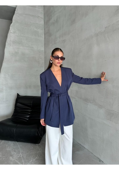 Lacivert Elegant Kuşaklı Ceket Lacivert