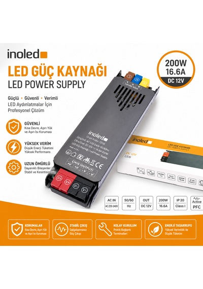 İnoled 1206 16,6a 200w 12v Led Güç Kaynağı Kısa Devre Korumalı Adaptör Şerit Led Trafo 220v Ac 12v Dc Dönüştürücü Yüksek Verimli, Güvenli, Uzun Ömürlü Led Trafo 16,6 A