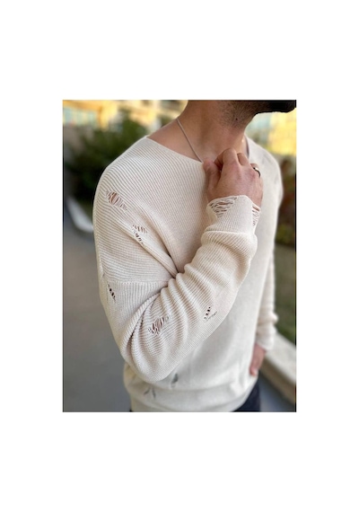 Elku Moda Kazak Naturel Örme Pamuk Bisiklet Yaka Tüylenmeyen Yırtık Detaylı Lazer Kesim Triko Kazak Açık Bej Elku Moda Kazak Naturel Örme Pamuk Bisiklet Yaka Tüylenmeyen Yırtık Detaylı Lazer Kesim Triko Kazak Açık Bej
