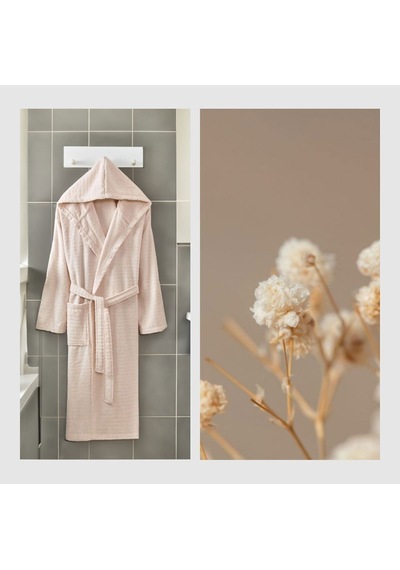 2 Li Kapşonlu Unisex Banyo Bornozu Seti %100 Soft Pamuklu Antasit-bej