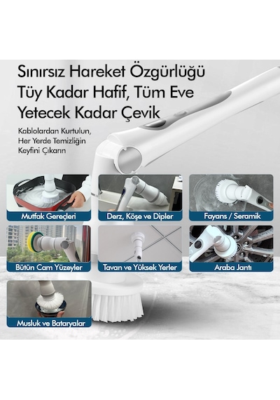 Kablosuz Şarjlı Temizlik Fırçası 8 Başlıklı 3 Kademe Hız Ayarlı Teleskopik Çok Amaçlı Ev Cihazı