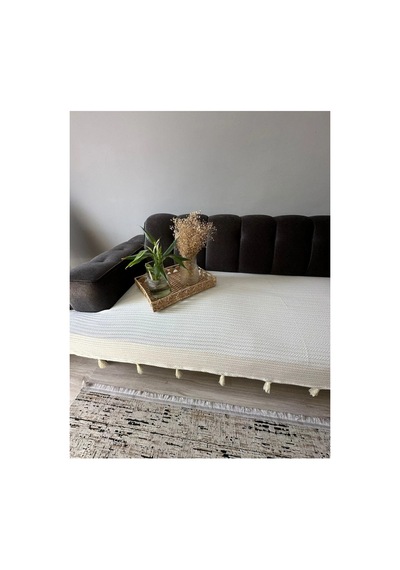 Püsküllü Şal Model Koltuk Örtüsü Ekru 100x230 %100 Pamuk Örme, Kaymaz, Dekoratif Ev Tekstili Ekru Ekru