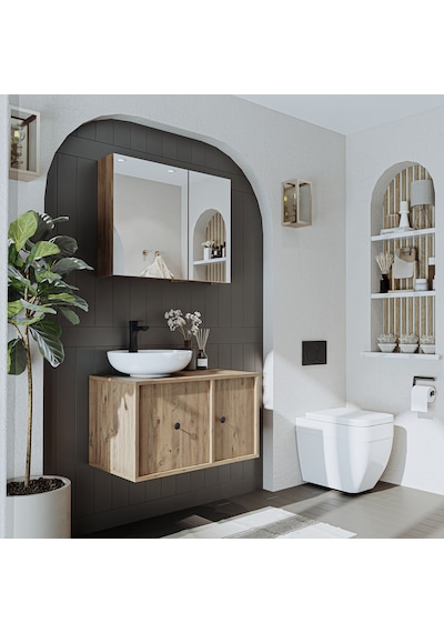 Lavabolu Mdf 75 Cm Çekmeceli Dolabı + Aynalı Üst Dolabı Atl Atlantik Çam