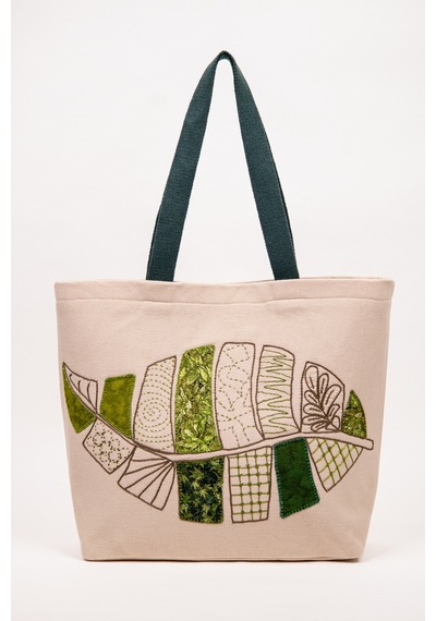 Fabric Craft Bag Omuz Çantası Duck Kumaş Patchwork Sashiko El İşlemeli Astarlı Telalı Günlük Çanta 44x34 Cm Acı Kahverengi - Bej