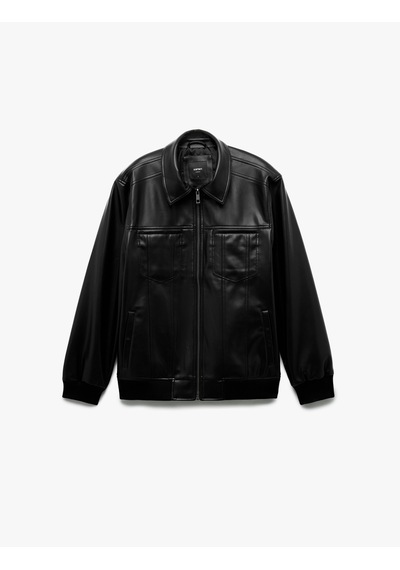 Koton Slim Fit Gömlek Yaka Fermuarlı Cepli Suni Deri Ceket Siyah 7wam20079hw