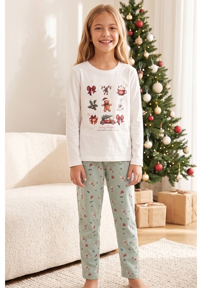 Siyah İnci Yılbaşı Temalı Pamuklu Likralı Örme Pijama Takım26241181 Beyaz