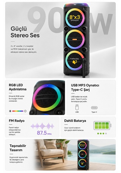 Taşınabilir Mikrofonlu 90w Led Işıklı Bluetooth Karaoke Hoparlör Seti