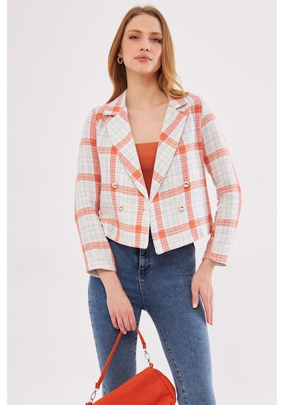 Armonika Kadın Turuncu-mavi Kruvaze Yaka Tüvit Crop Ceket Arm-24k001014