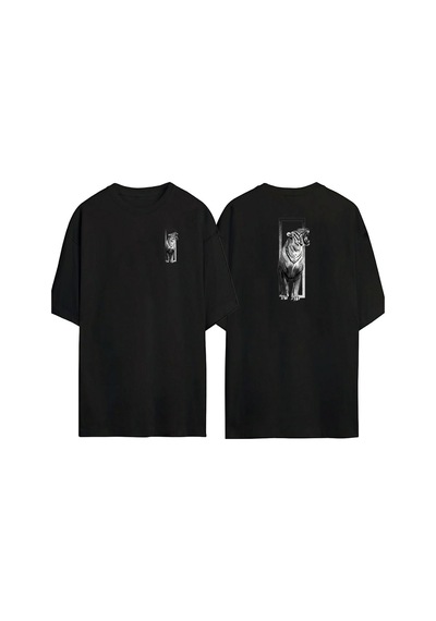 Thewert Unisex Roaring Tiger Ön Arka Baskılı Sıyah Oversize T-shirt Siyah