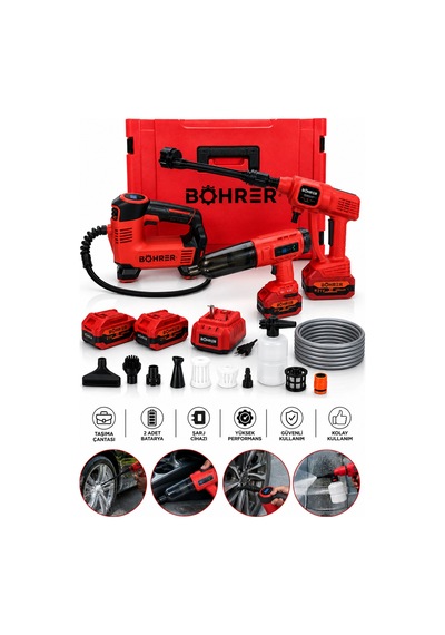 Böhrer BA011320 21V 3'lü Akülü Araç Bakım Seti Şarjlı Oto Yıkama Makinesi Hava Kompresörü Araç Süpürgesi