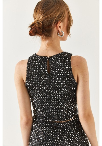 Armonika Kadın Halter Yaka Pul Payet Crop Bluz Siyah