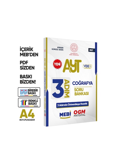 2027 Ayt Mebi-ogm 3 Adım Coğrafya Soru Bankası Renkli A4 Boyut Video Çözümlü Baskı Ücreti"