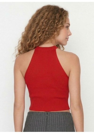 Neden Tekstil Kadın Fitilli Halter Yaka Crop Bluz - Kırmızı