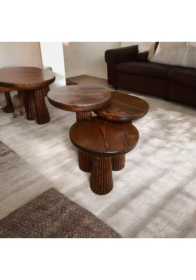 Simillo Wood Wooden Ahşap 3 Lü Set Fitilli Mantar Yan Sehpa Modern Kestane Renk Fiskos Kestane