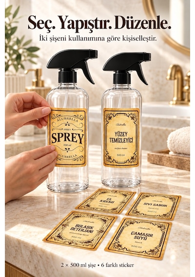 Alubrella 2 Li 500 Ml Şeffaf Boş Sprey Şişe Seti Ve 6 Lı Genel Amaçlı Etiket Amber