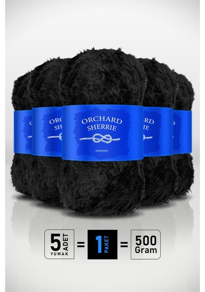 Siyah 5'li Paket 100 Gr / 60 M Tavşan Tüyü Dokulu Kalın Kürk Peluş Örgü İpi