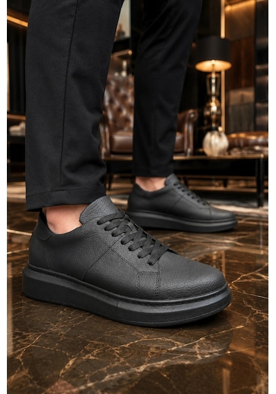 Mevese Tsoob Bağcıklı Cilt Erkek Günlük Rahat Taban Sneaker Ayakkabı - Siyah