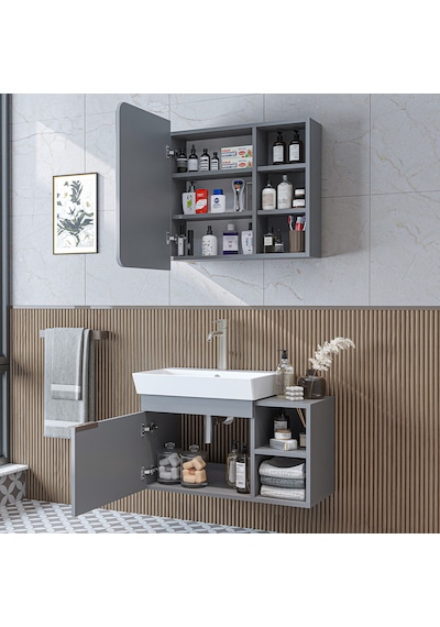 Likya Tek Kapaklı Lavabolu 82 Cm Banyo Alt Dolabı + Üst Dolabı, Lavabolu Mdflam Banyo Dolabı Takımı Kül Gri Likya Tek Kapaklı Lavabolu 82 Cm Banyo Alt Dolabı + Üst Dolabı, Lavabolu Mdflam Banyo Dolabı Takımı Kül Gri