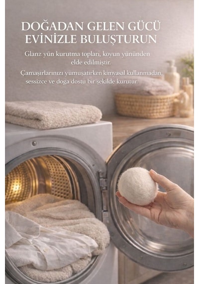 Glanz 3 Adet Yün Keçe Çamaşır Kurutma Topu 7 - 8 Cm - Doğal Ürün Açık Bej