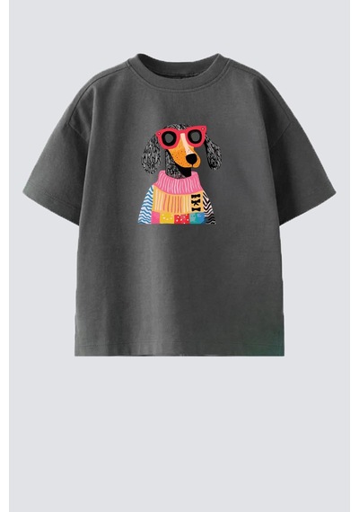 Monila Kız Çocuk Köpek Baskılı Pamuklu Bisiklet Yaka T-shirt Antrasit
