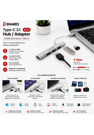 Enkado Ekd-tp50 Usb Çoğaltıcı Hub Adaptör 4ın1 Usb 3.0 Usb 2.0 Type-c 3.1 Giriş 4 Anahtarlı Port