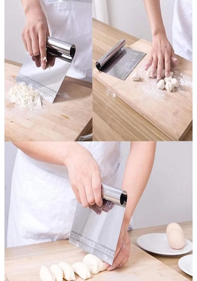 Paslanmaz Çelik Hamur Kesme Ve Kazıyıcı Spatula Ölçü Çizgili Pasta Kek Kesici Aparat Gümüş