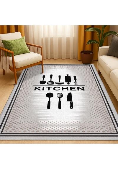 Turkıshrug Kıngdom Gri Kitchen Yazılı Dekoratif Mutfak Halısı Kaymaz Ve Yumuşak Çok Renkli